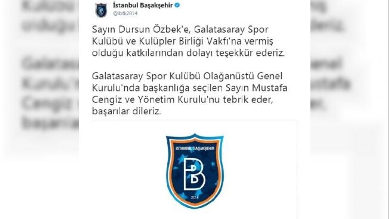 Medipol Başakşehir'den Dursun Özbek'e teşekkür mesajı