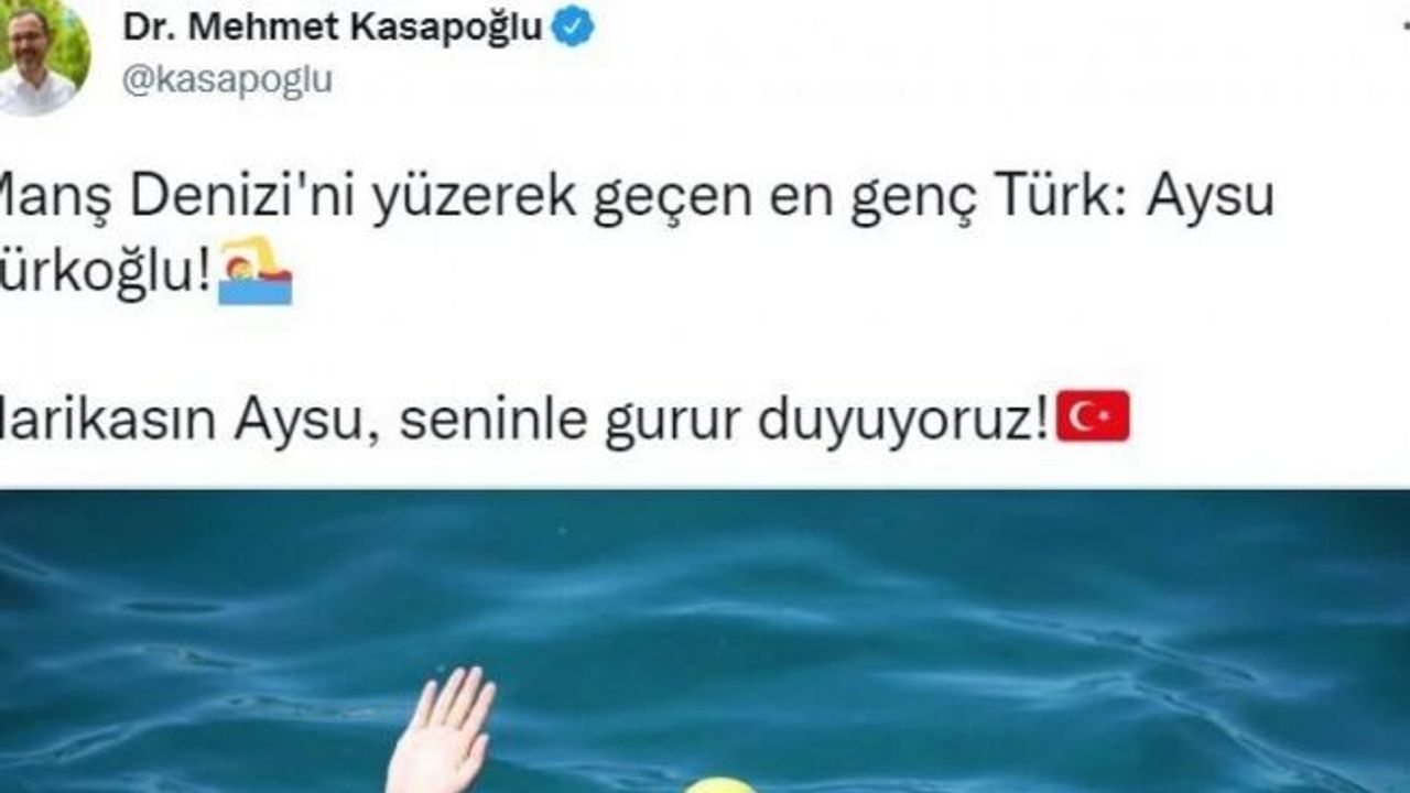 Bakan Kasapoğlu’ndan Manş Denizi’ni yüzerek geçen Aysu Türkoğlu’na övgü