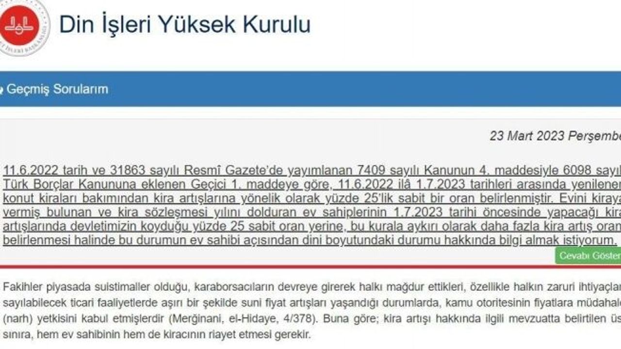 Trabzonlu kira artışı ile ilgili Din İşleri Yüksek Kurulu’na fetva başvurusunda bulundu, kurul cevabını siteden duyurdu
