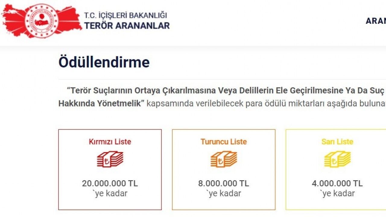 Terör ihbar ödülleri güncellendi: Kırmızı listedekiler için verilen ödül miktarı 20 milyon liraya yükseldi