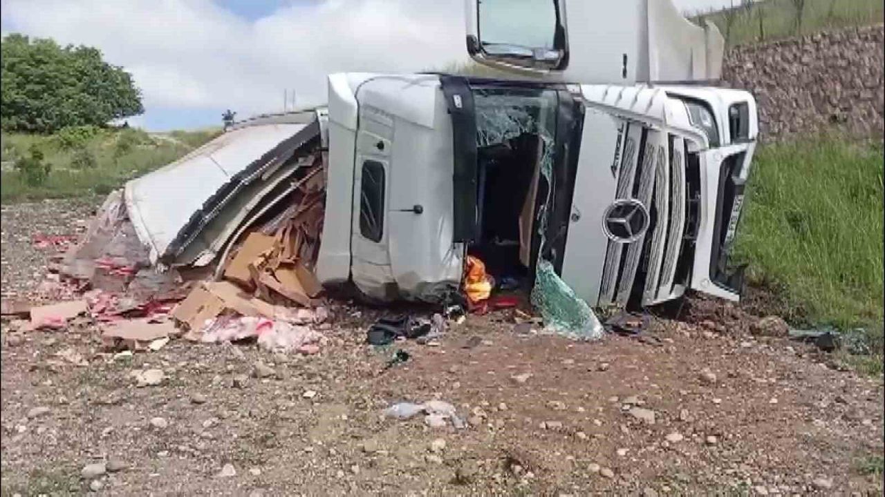 Amasya'da tavuk eti yüklü tır şarampole uçtu: 2 yaralı