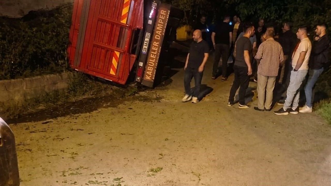 Giresun'da yaş çay yüklü kamyon devrildi