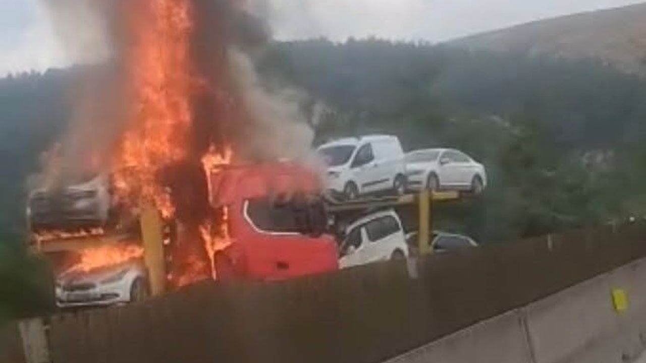 Mersin Otoyolunda Otomobil Taşıyan Tırda Korkunç Yangın