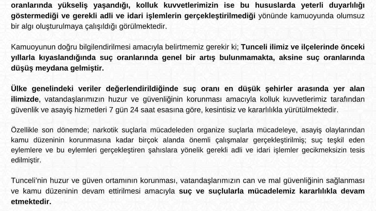 Tunceli'de suç oranlarında düşüş yaşandı