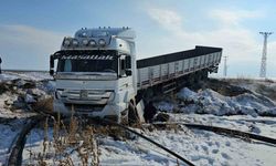 Kaygan yolda kontrolden çıkan tır şarampole düştü