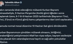 İletişim Başkanı Altun: "Kurban Bayramı münasebetiyle 5 Haziran Perşembe günü öğleden sonra başlamak üzere, 6-7-8-9 Haziran kamu çalışanlarımız idari izinli sayılacaktır"