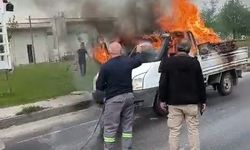 Yanan kamyonete ilk müdahaleyi beton mikseri yaptı