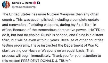 ABD Başkanı Trump’tan Çin Devlet Başkanı Xi görüşmesi öncesinde ABD Savunma Bakanlığı’na nükleer silah denemesi talimatı