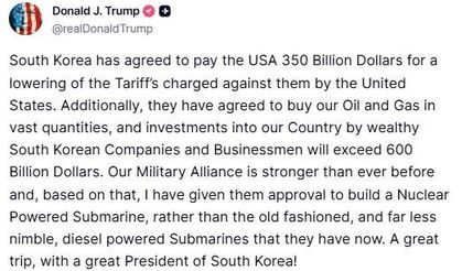 Trump: "Güney Kore ABD’ye toplam 950 milyar dolarlık yatırım yapacak"