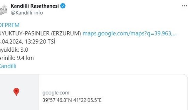 Erzurum’un Pasinler ilçesinde 3,0 büyüklüğünde deprem