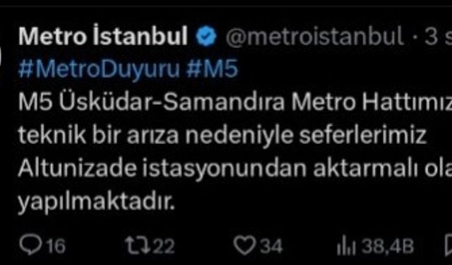Üsküdar - Samandıra metro hattında arıza nedeniyle seferler durdu