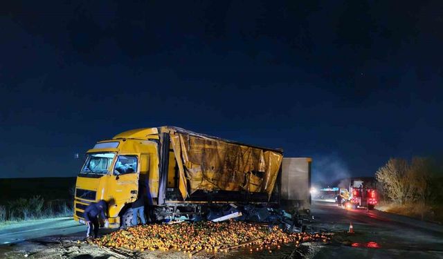 Kamyon devrildi, mandalinaların saçıldığı yol trafiğe kapandı