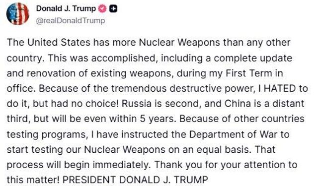 ABD Başkanı Trump’tan Çin Devlet Başkanı Xi görüşmesi öncesinde ABD Savunma Bakanlığı’na nükleer silah denemesi talimatı