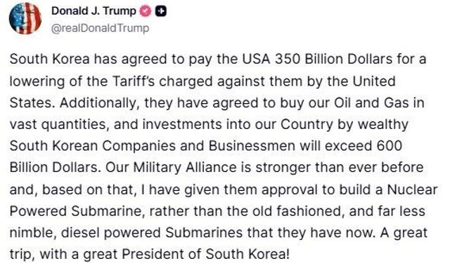 Trump: "Güney Kore ABD’ye toplam 950 milyar dolarlık yatırım yapacak"