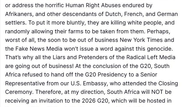 ABD Başkanı Donald Trump: "Güney Afrika Miami’de yapılacak 2026 G20 Zirvesi’ne davet edilmeyecek"