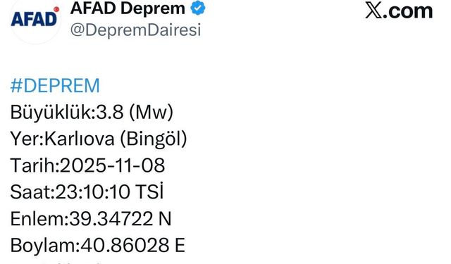 Bingöl’de 3.8 büyüklüğünde deprem