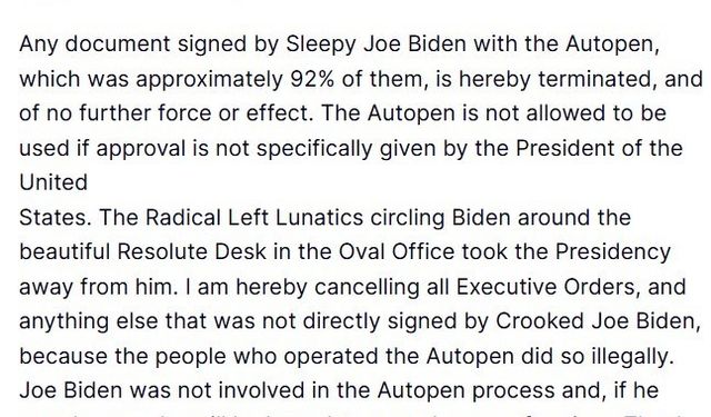 Trump, Selefi Biden’ın kendisi tarafından imzalanmadığını öne sürdüğü tüm başkanlık kararnamelerini iptal etti