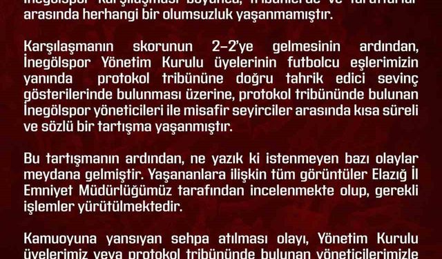 Elazığspor’dan olaylara ilişkin açıklama