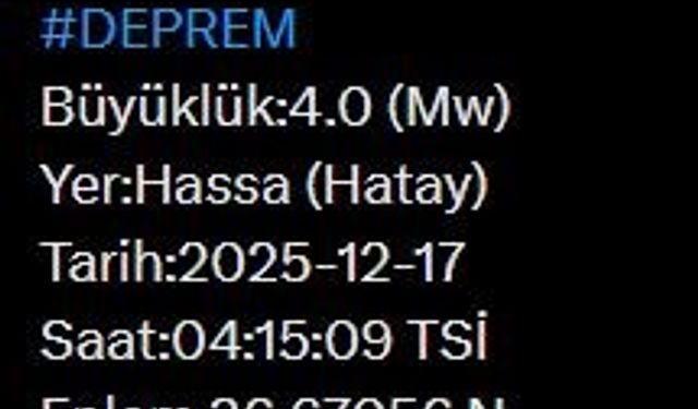 Hatay’da 4.0 büyüklüğünde deprem