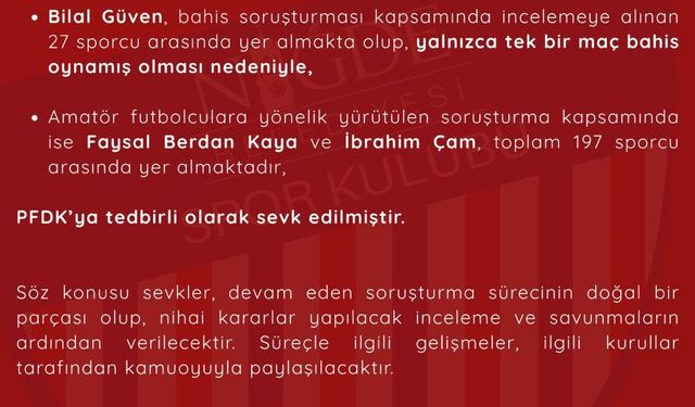 Niğde Belediyespor’dan futbolcularla ilgili bahis soruşturmasına ilişkin açıklama
