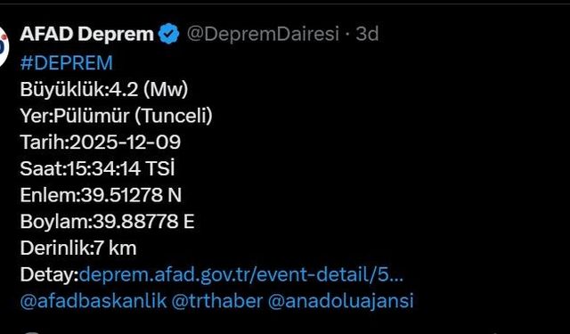 Tunceli’de 4.2 büyüklüğünde deprem