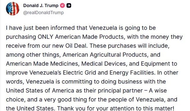 ABD Başkan Trump: 'Venezuela, petrol anlaşmasından elde edeceği gelirle yalnızca ABD yapımı ürünleri satın alacak'