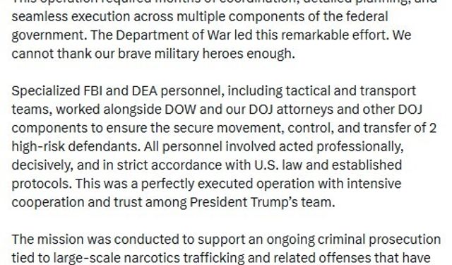 ABD'den Maduro operasyonu açıklaması: 'Sonucun sorumluluğu suç faaliyetlerini sürdürmeyi tercih edenlere aittir'