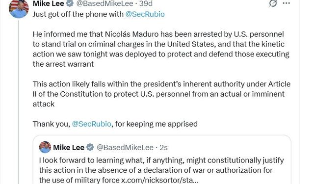 ABD'li Senatör Lee: 'Dışişleri Bakanı Rubio, Maduro'nun ABD'de yargılanmak üzere tutuklandığını bildirdi'