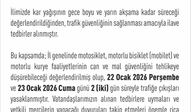 Elazığ'da motosiklet, mobilet ve motorlu kuryelerin trafiğe çıkışları yasaklandı