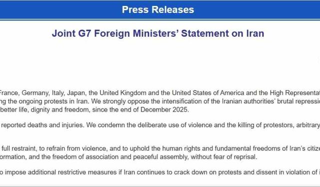 G7 ülkelerinden İran'a kınama: 'Muhalefete yönelik baskının sürmesi halinde ek kısıtlayıcı tedbirler uygulamaya hazırız'
