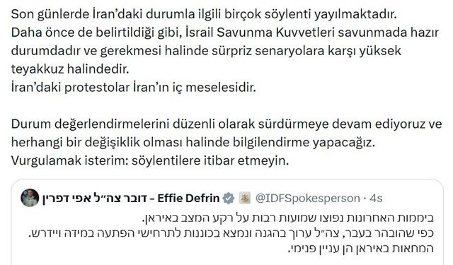 İsrail ordusundan İran açıklaması: 'Sürpriz senaryolara karşı yüksek teyakkuz halindeyiz'