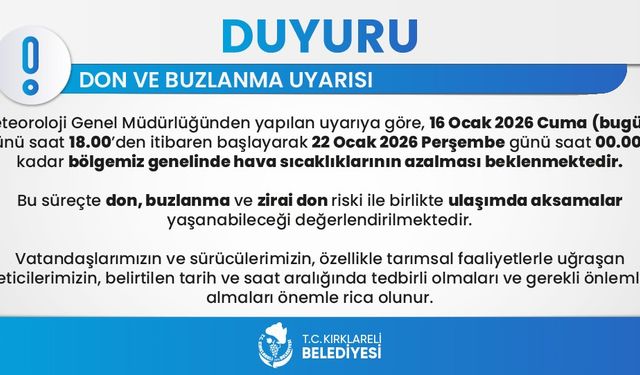 Kırklareli genelinde don ve buzlanma uyarısı: 6 gün sürecek