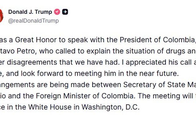 Trump, Kolombiya Devlet Başkanı Petro ile telefonda konuştuğunu duyurdu: 'Beni aramasını ve üslubunu takdir ettim'