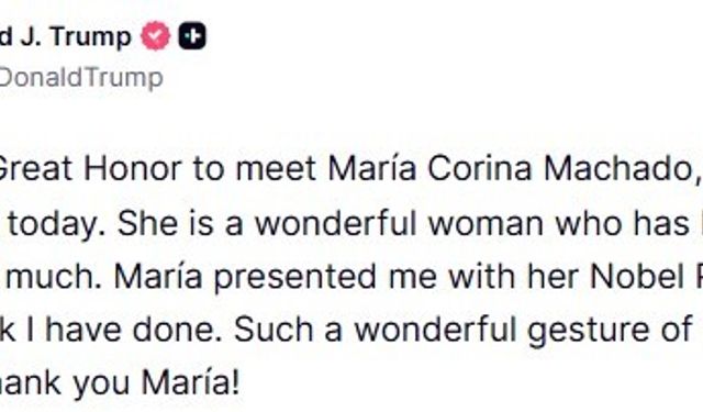Venezuelalı muhalif lider Machado Nobel Barış Ödülü madalyasını Trump'a verdi