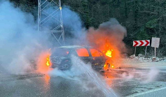 Artvin'de seyir halindeki araç alev aldı