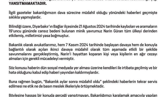 'Bakanlık Narin Güran cinayetine aylar sonra müdahil oldu' iddiasına yalanlama