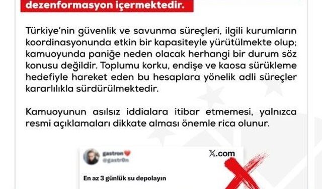 DMM: 'Savaş başlayacağı iddiasıyla vatandaşların hazırlıklar yapması gerektiğine yönelik ifadeler dezenformasyon içermektedir'