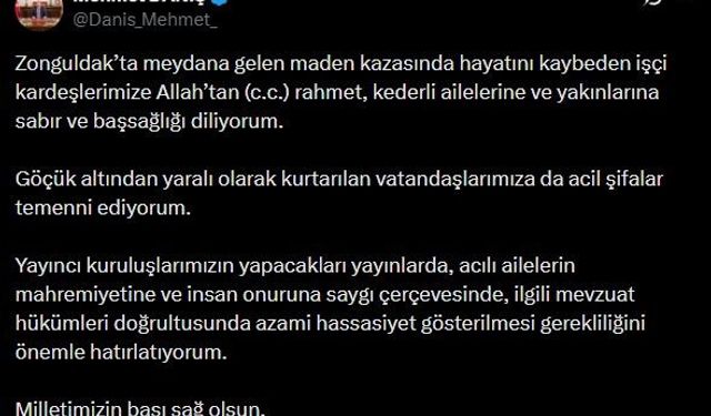 RTÜK Başkanı Daniş'ten Zonguldak'ta meydana gelen maden kazası için yayıncı kuruluşlara uyarı