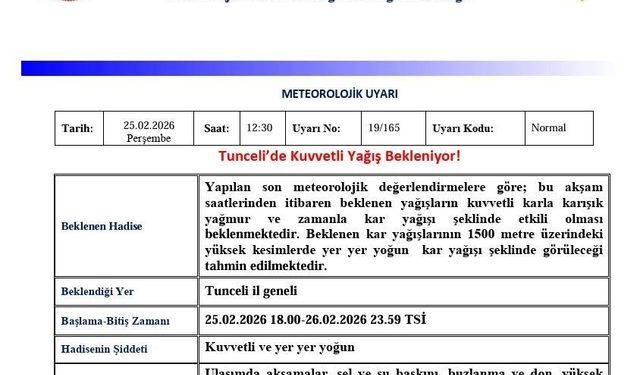 Tunceli için 'Kuvvetli Yağış' uyarısı