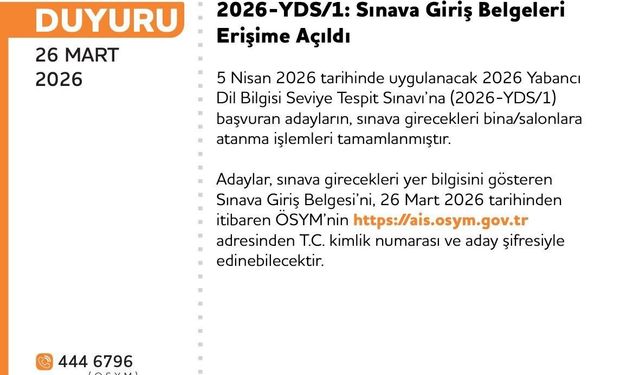2026-YDS/1: sınava giriş belgeleri erişime açıldı
