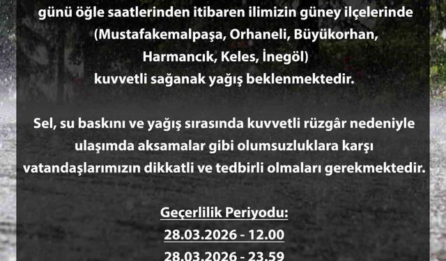 Bursa için sarı alarm: Kuvvetli yağış kapıda