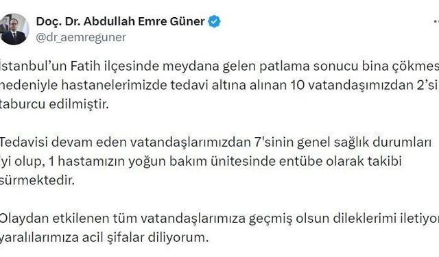 İstanbul İl Sağlık Müdürü Doç. Dr. Abdullah Emre Güner: 'Tedavi altına alınan 10 vatandaşımızdan 2'si taburcu edilmiştir'