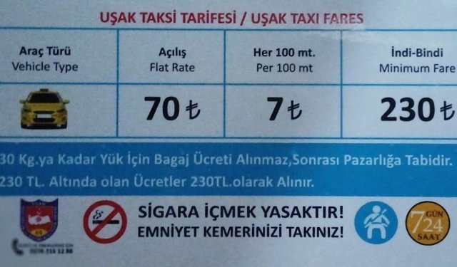 Uşak'ta taksi indi-bindi ücreti 230 TL oldu