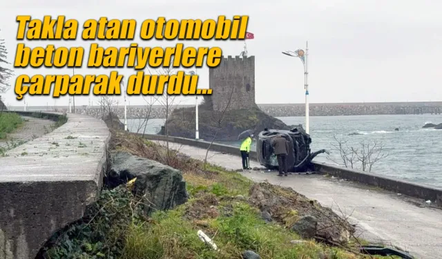 Takla atan otomobil beton bariyere çarparak durdu