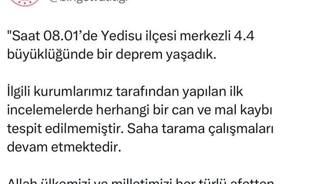 Bingöl Valiliği: 'Saha tarama çalışmaları devam etmektedir'