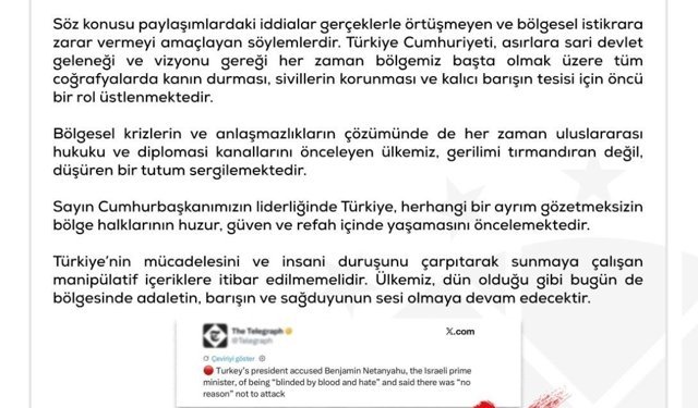 Dezenformasyonla Mücadele Merkezi: ''Türkiye'nin İsrail'e yönelik işgal tehdidinde bulunduğu' yönündeki iddialar tamamen asılsızdır'