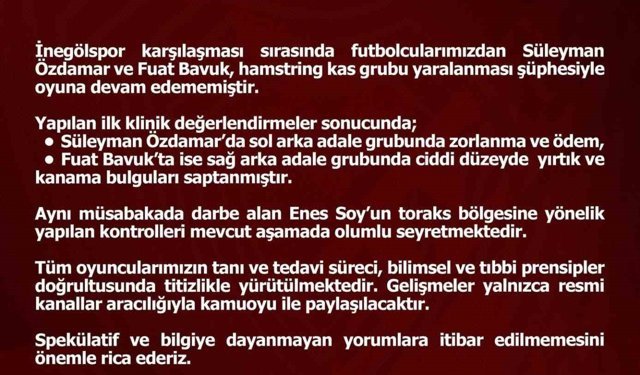 Elazığspor'dan sakat futbolculara ilişkin açıklama