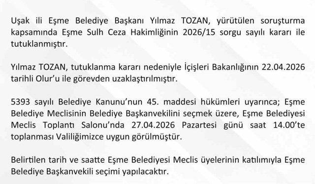 Eşme Belediye Başkanvekili 27 Nisan'da belirlenecek