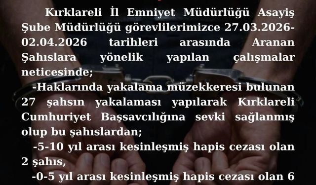 Kırklareli'nde aranan 8 kişi yakalandı