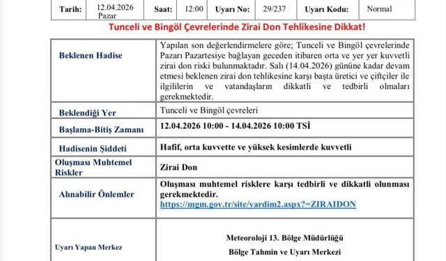 Meteorolojiden Bingöl ve Tunceli için zirai don uyarısı